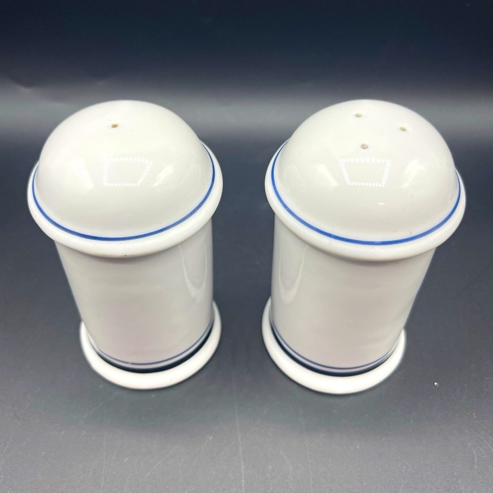 Dansk Bistro White/Blue Ceramic Cylinder Salt & Pepper Shakers Set of 2, 4.75 in